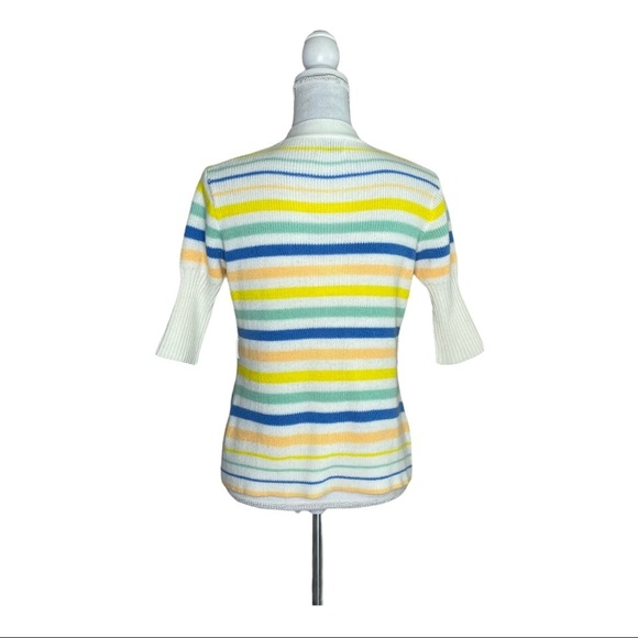 Vintage Knit Open Front Cardigan Pockets Pastel Stripes White Yellow Blue - Picture 5 of 9